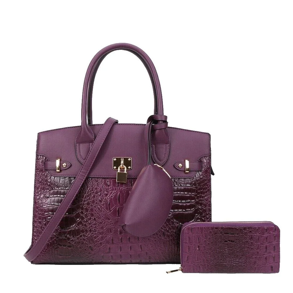 Women's Purple Soft Crocodile Print 3 Pieces Accent Satchel Handbag Set